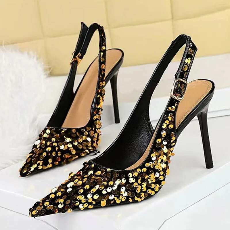 Fashion Gold Sequined Ankle Strap Women Pumps Elegant Pointed Toe Sgbacks Stiletto High Heels Wedding Prom Shoe Size 43