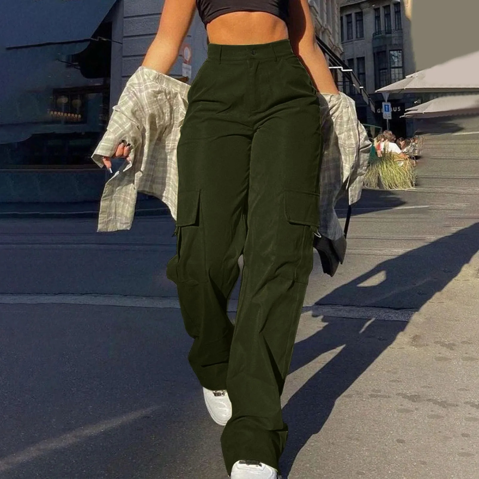 Womens Loose Cargo Pants High Waist Wide Leg Solid Color Full Length Trousers with Pockets Casual All Seasons Long Pants 250305