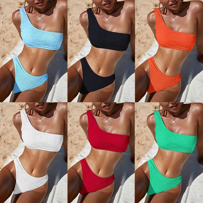 One Shoulder Bikini Textured Swimwear High Cut Swimsuit Solid Bathing Suit Women Brazilian 2025 FashionT250602