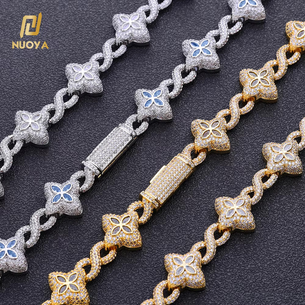 NUOYA Hip Hop Silver Gold Plated Iced Out Diamond Flower Cross Four Leaf Clover Infinity Miami Cuban Link Necklace for Men Women