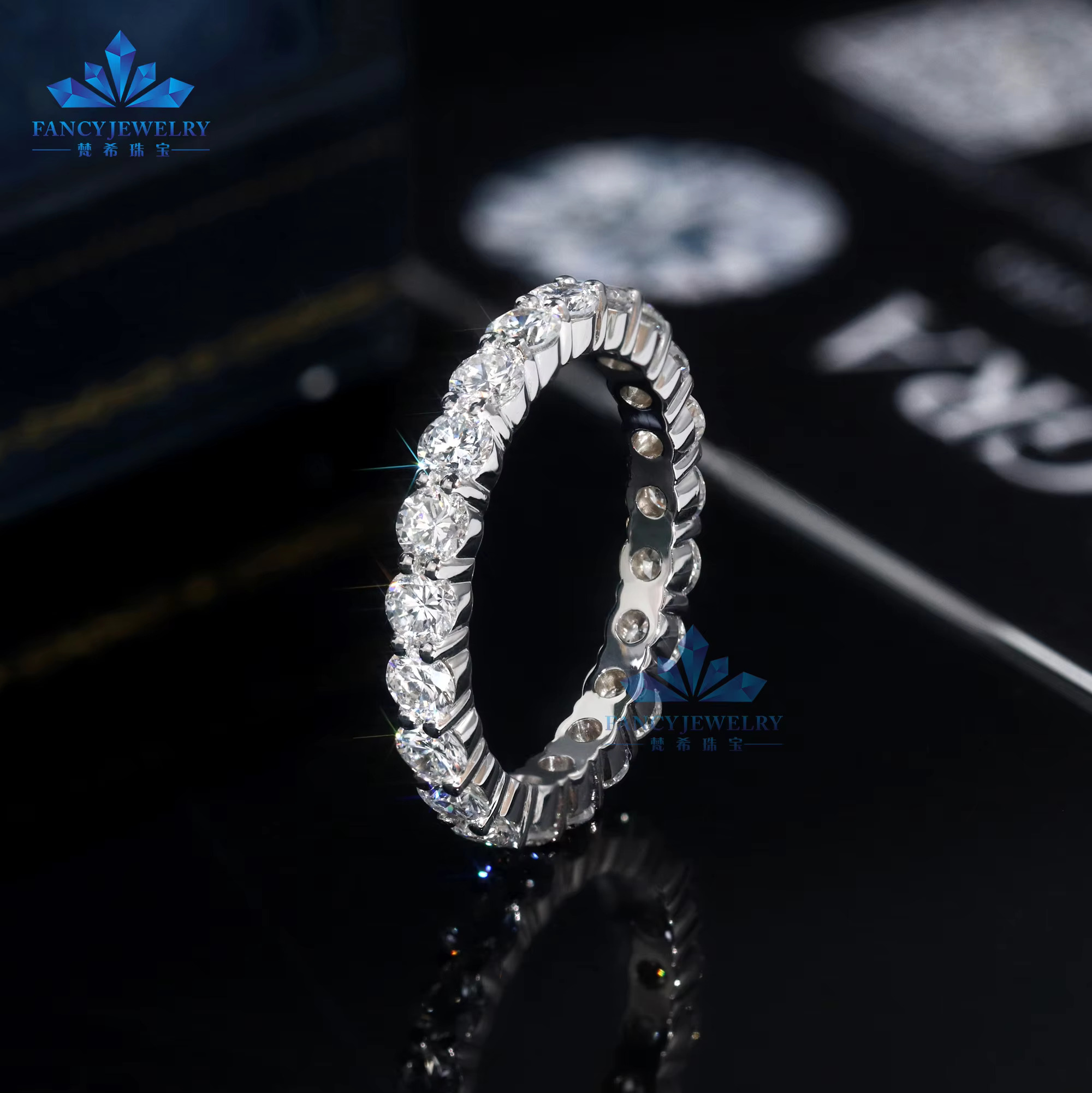 14K/18k Solid Gold Ring with 3mm Lab Grown Diamond Eternity Wedding Band in White or Rose Gold for Engagement or Gift