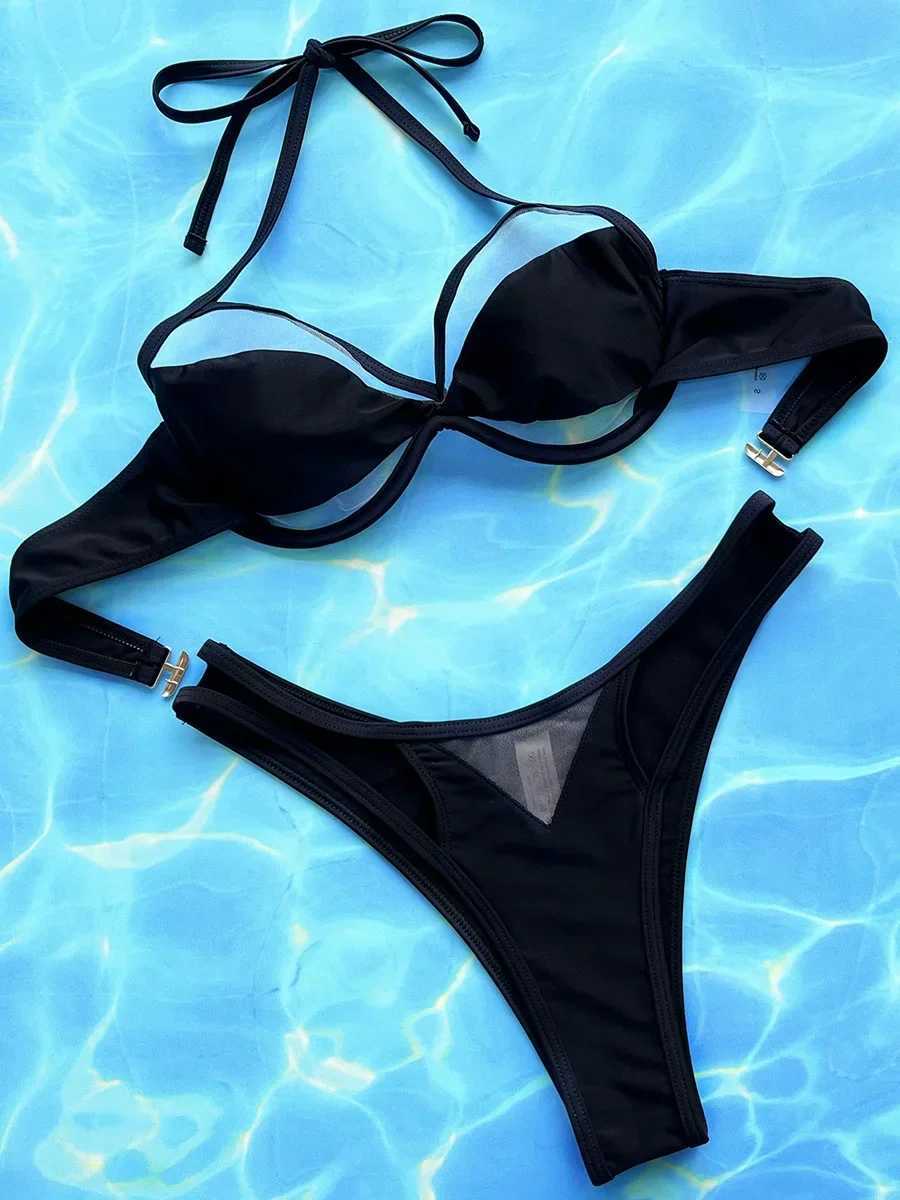 Halter Mesh Sheer Underwired V-Bar Bikini Women Swimwear Female Swimsuit Two-pieces Bikini Set High Cut Bathing Suit Swim LadyT250310
