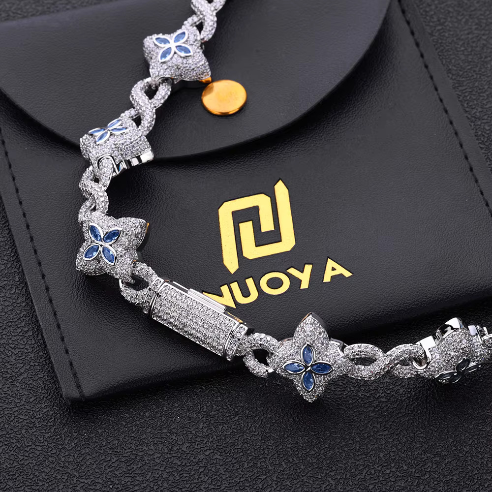 NUOYA Hip Hop Silver Gold Plated Iced Out Diamond Flower Cross Four Leaf Clover Infinity Miami Cuban Link Necklace for Men Women
