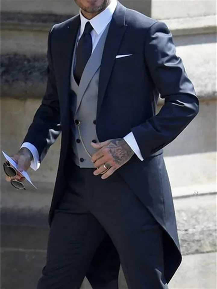 3 Pieces Italian Gentleman Style Wedding Man Long Tail Coat Groom Prom Tuxedos Formal Mens Suits (Jacket +Pants +Vest) W250310