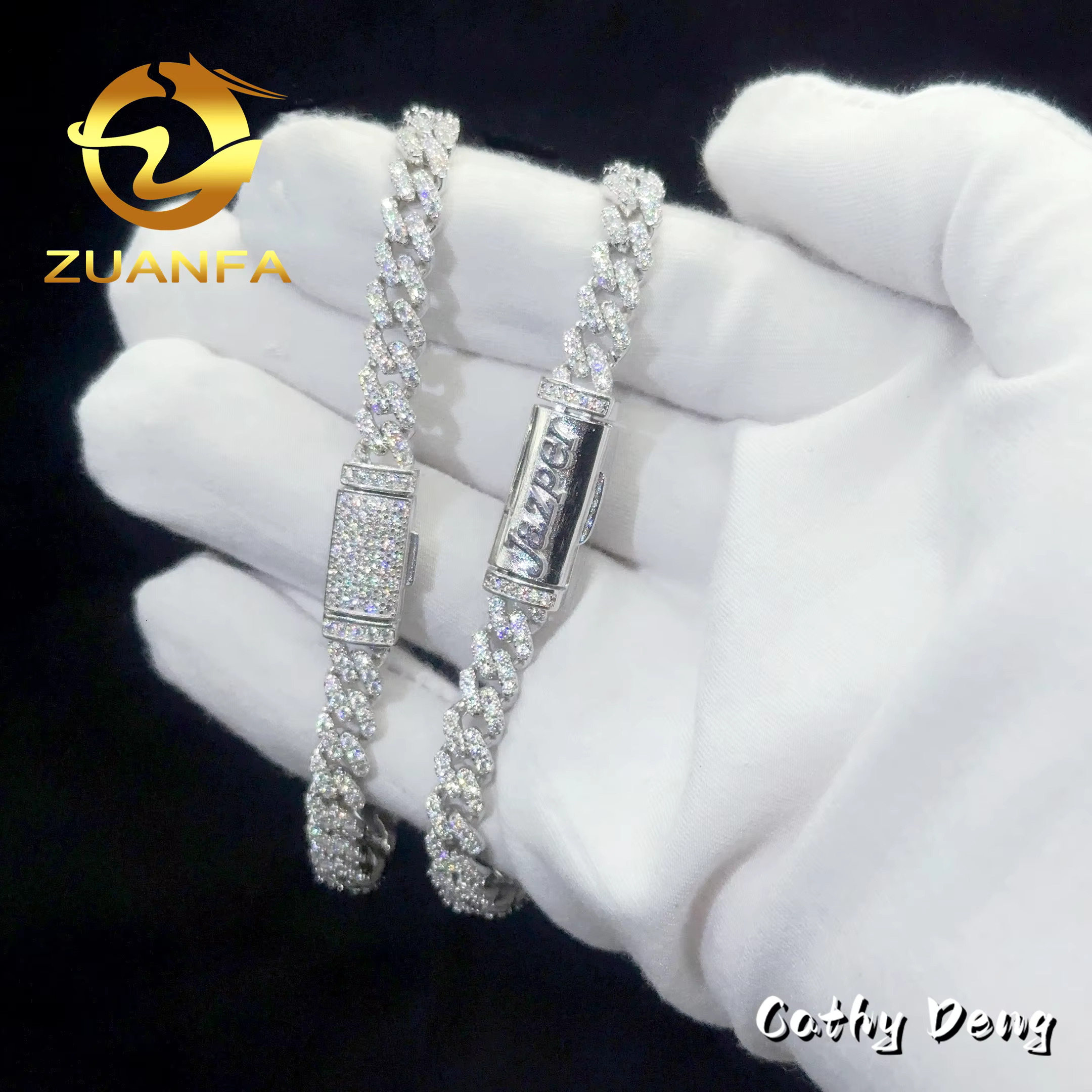 Fashion Hip Hop Jewelry 6mm One Row 925 Silver Iced Out Moissanite Bracelet Men Custom Clasp Vvs Moissanite Cuban Link Chain