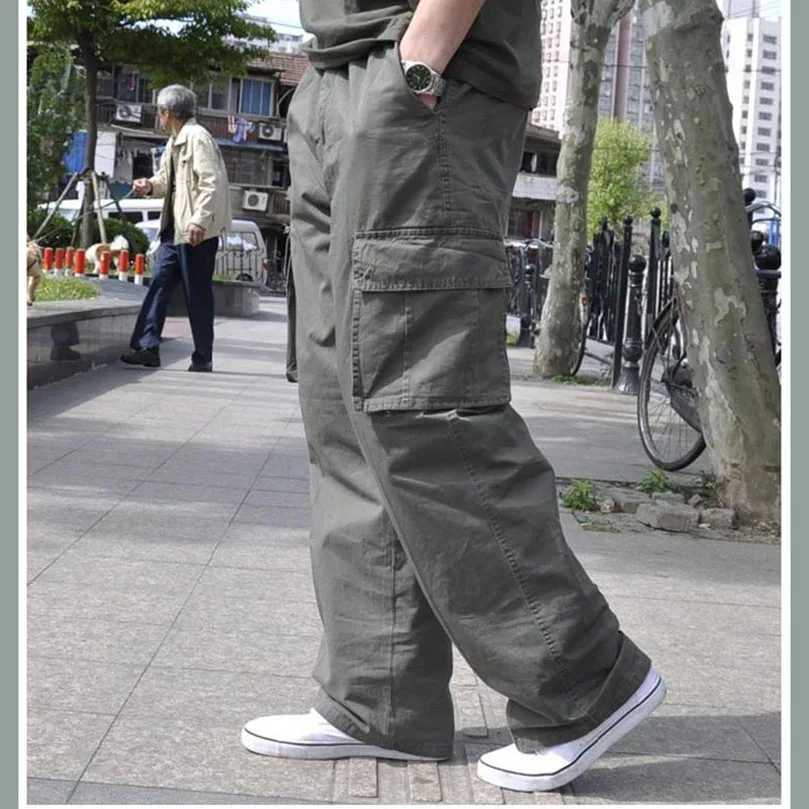 Men Plus Large Size Cargo Pants Cotton Straight Oversize Tracksuit Wide Leg Tactical Baggy Trousers Spring Summer 5XL 6XL Z1T250319