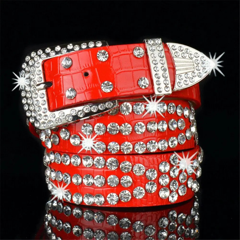 Women Fashion Solid /Leopard Print Studded Rhinestone Belt PU Leather Bling Crystal Adjustable Glitter Waistband for Club Party 250303