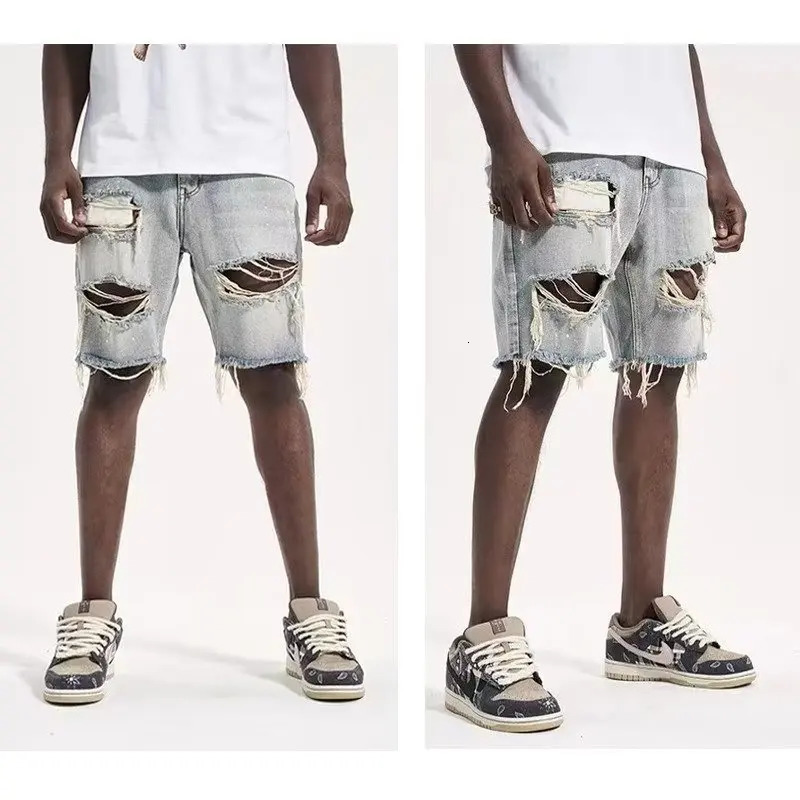 Summer Men Slim Fit Hole Lazy Shorts Jeans Youth Fashion Hip Hop Retro Y2K Baggy Cargo Short Pants 250310