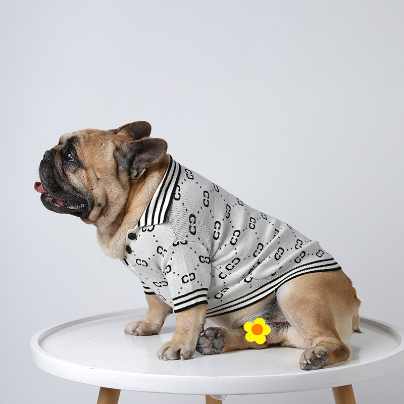 Designer Polo Sweater, Classic Knitwear Fleece Winter Dog Clothes Boy Girl, Christmas Holiday Warm Pet Outfits Apparel, White Back M Y282