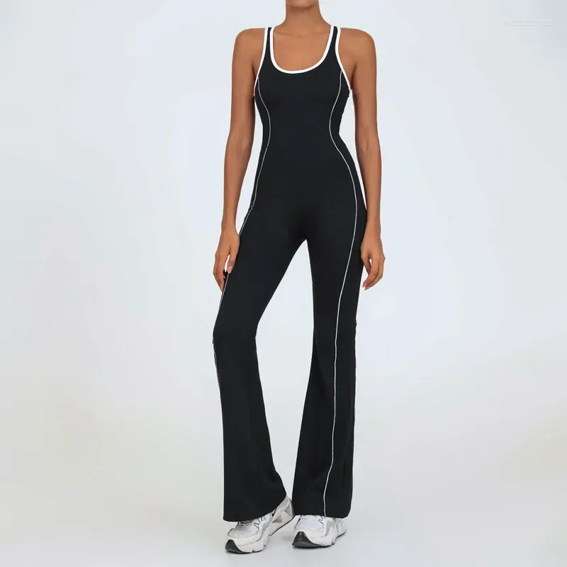 Active Sets Seamless Knitted Sports Fitness Yoga Jumpsuit Open Back Color Matching Bodysuit Naked Feel Workout Gym Wide Leg Flared Pants Set