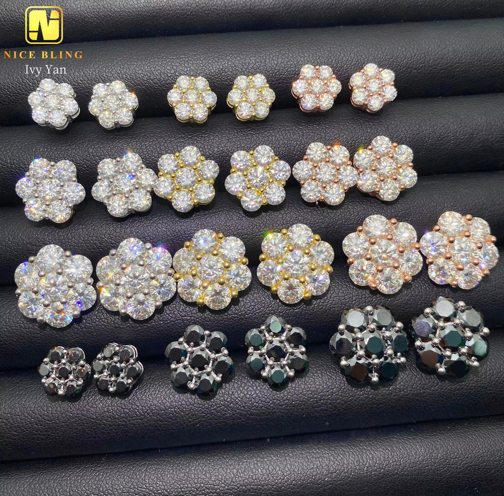 9mm 12mm 15mm Fashion Cluster Screw Back Ear Studs Iced Out Hip Hop Jewelry 925 Silver VVS Moissanite Stud Earring for Women