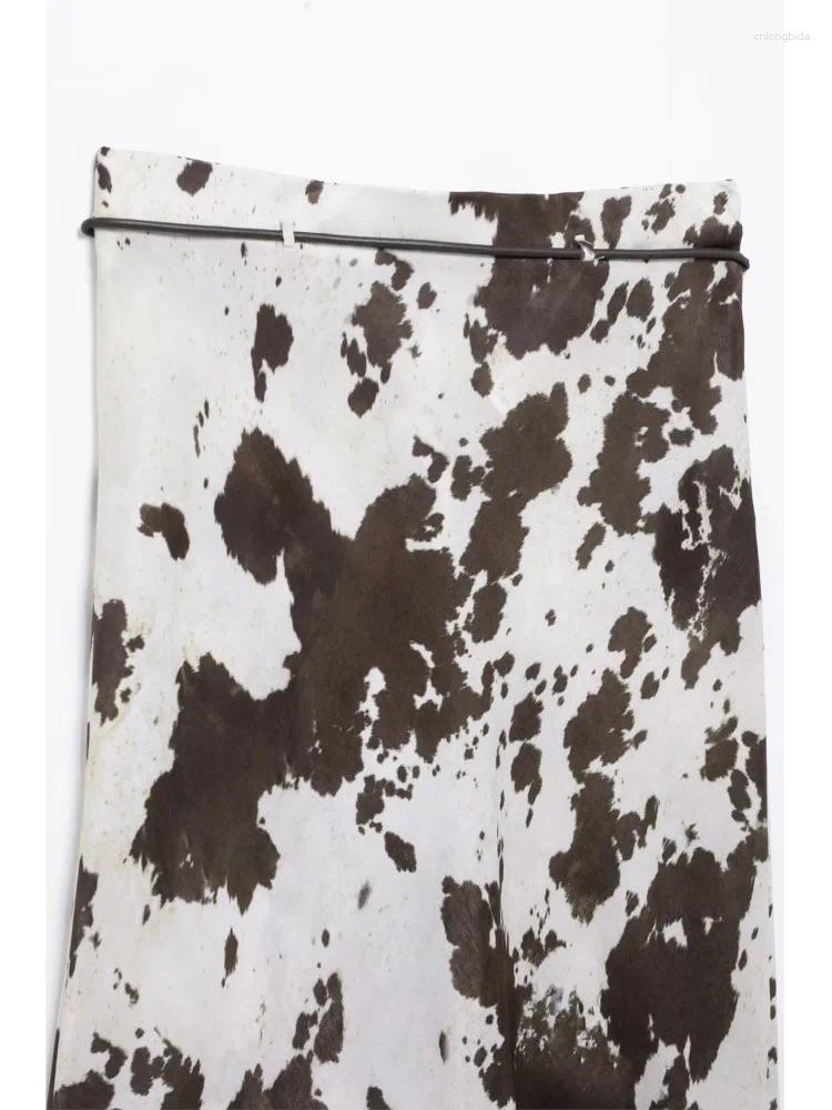 Skirts Print Women Midi Skirt With Belt High Street Style Spring Fashion Silk Textured Casual Sexy Button Womens