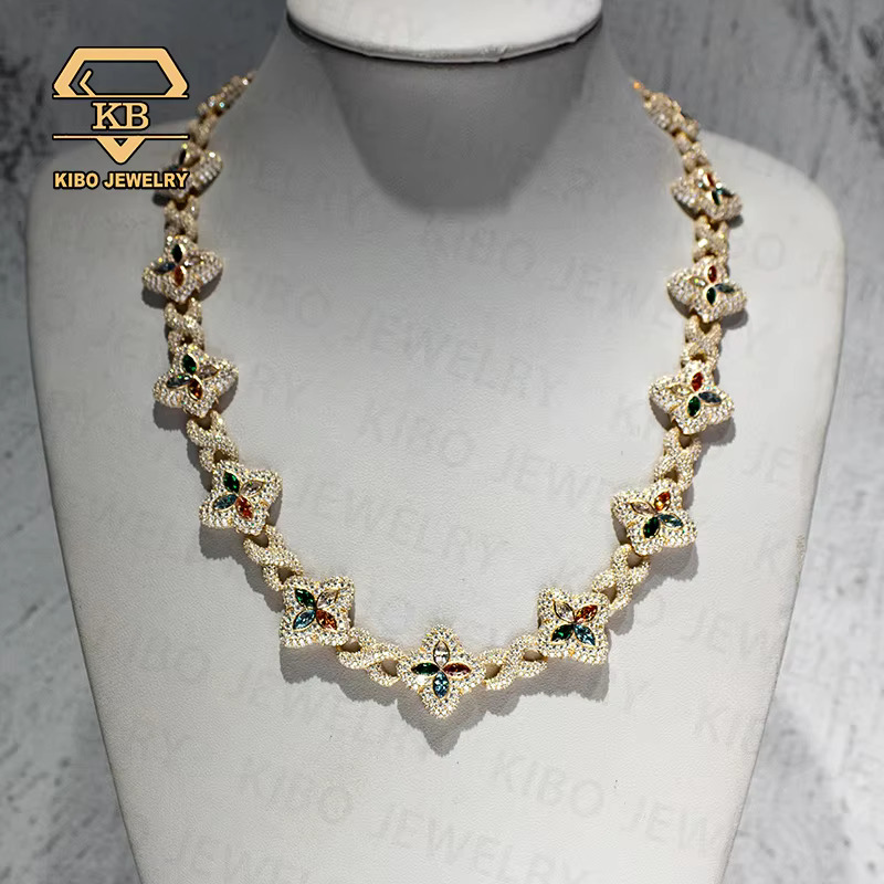 Fashion New Design Color Marquise Clover Hip Hop Moissanite 22mm 925 Sterling Silver Cuban Link Chain Infinity Necklace