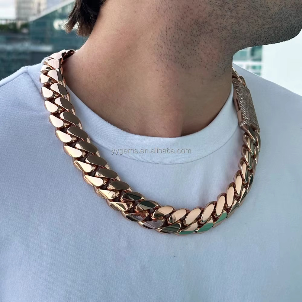 Custom Heavy Chain Moissanite Lock Rose Gold Plated 22MM Miami Cuban Link Chain Solid Silver Men Chain Necklace Rapper Jewelry