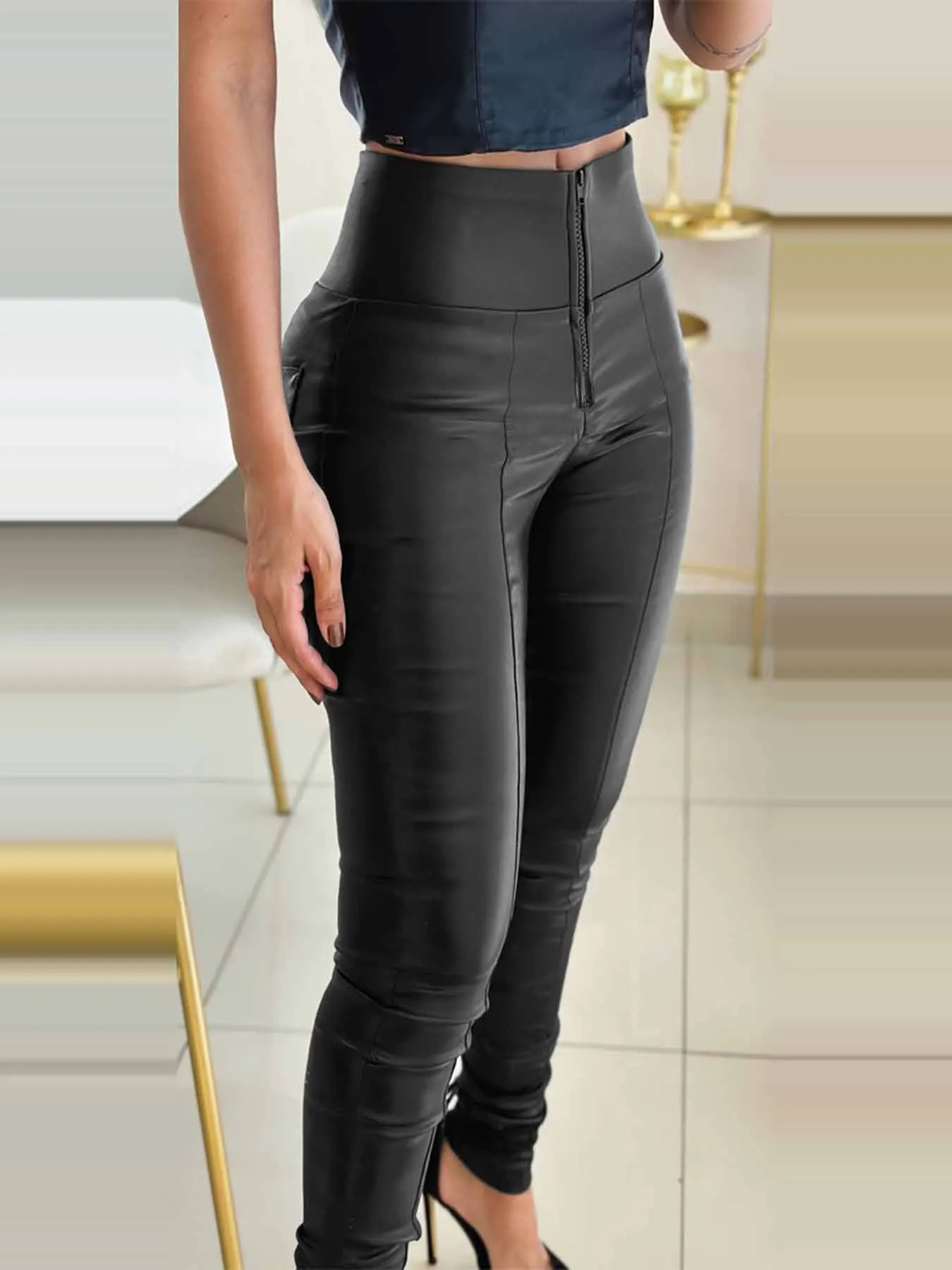 Solid color high waisted zipper leather pants with anti pinch abdominal PU leather pants ultrathin suitable for womens long legs 250305