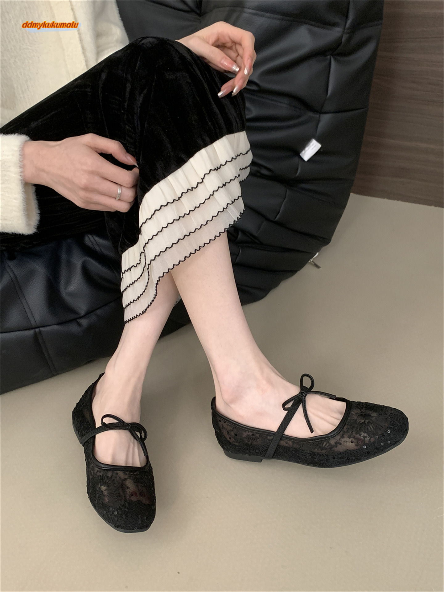 Gentle evening breeze bow ballet for women 2025 new fairy hollow mesh lace embroidered shoes single shoe ddmykukumalu