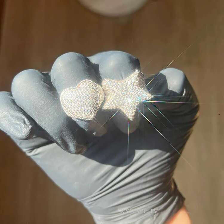 Custom Cuban Full ice out Round Moissanite Dia Heart Shape Mens Rapper Hip Hop Ring