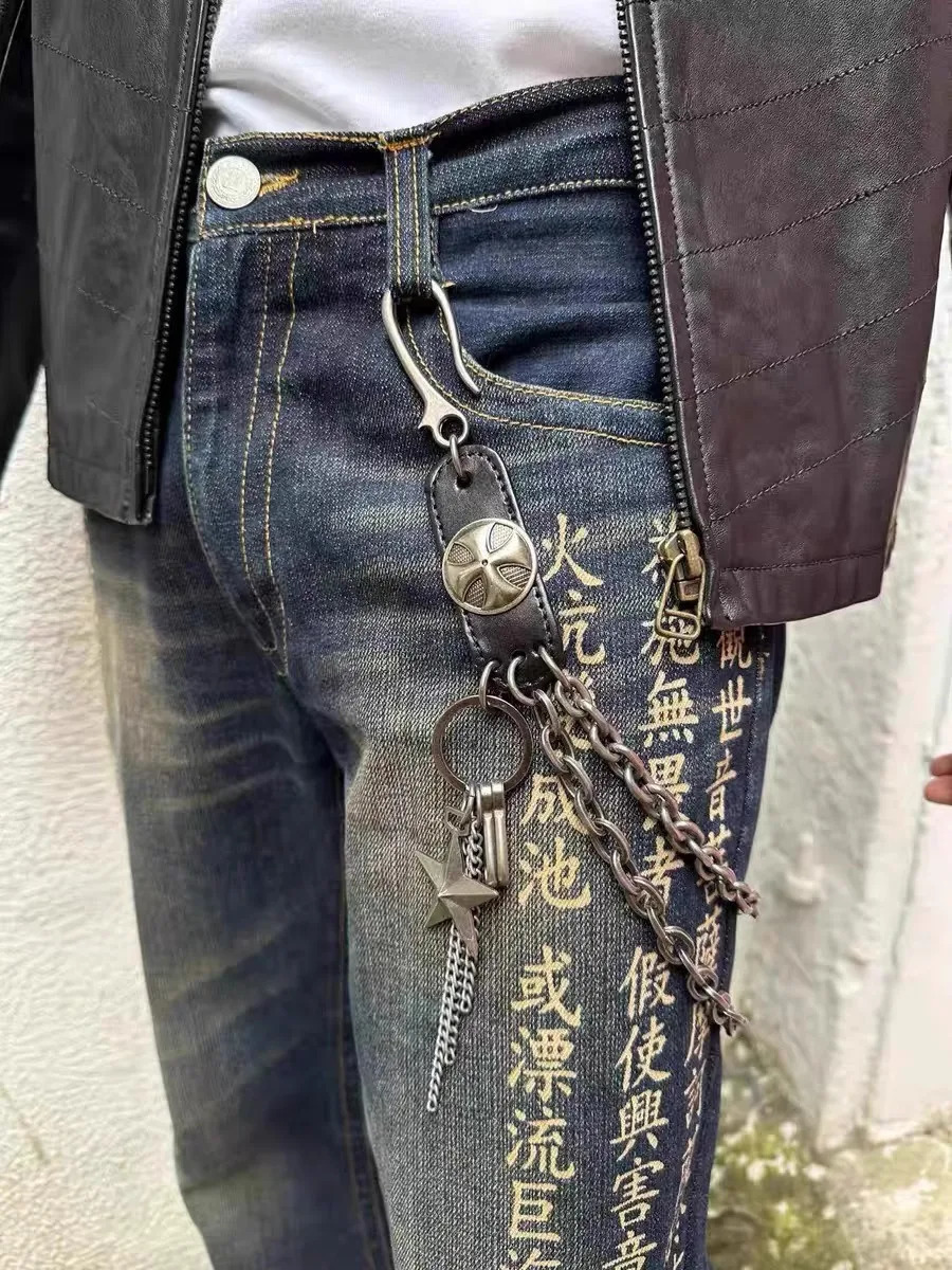 Cowhide Iron Cross Bilayer Stars Tassels Retro Style Chain For Men's Pants Ones Waist Metal Accessories y2k KeyChain 250318