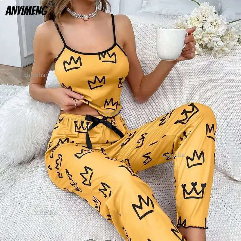 Crown Printing Women Sling Widelegs Pajamas Set Fashion Pijama For Girl Soft Milk Silk Sleepwear Casual Lady Sexy Nightwear 24