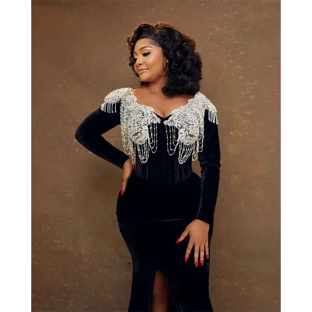 Aso Ebi Black Tassel Evening Dresses Full Sleeve Party Dress Women 2025 Bead Appliques With Split Formal Gown Customized 6660310