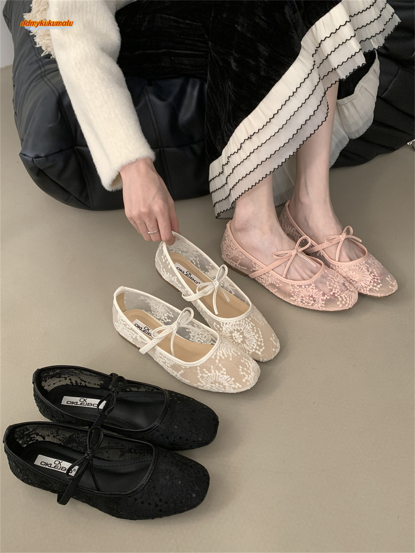 Gentle evening breeze bow ballet for women 2025 new fairy hollow mesh lace embroidered shoes single shoe ddmykukumalu
