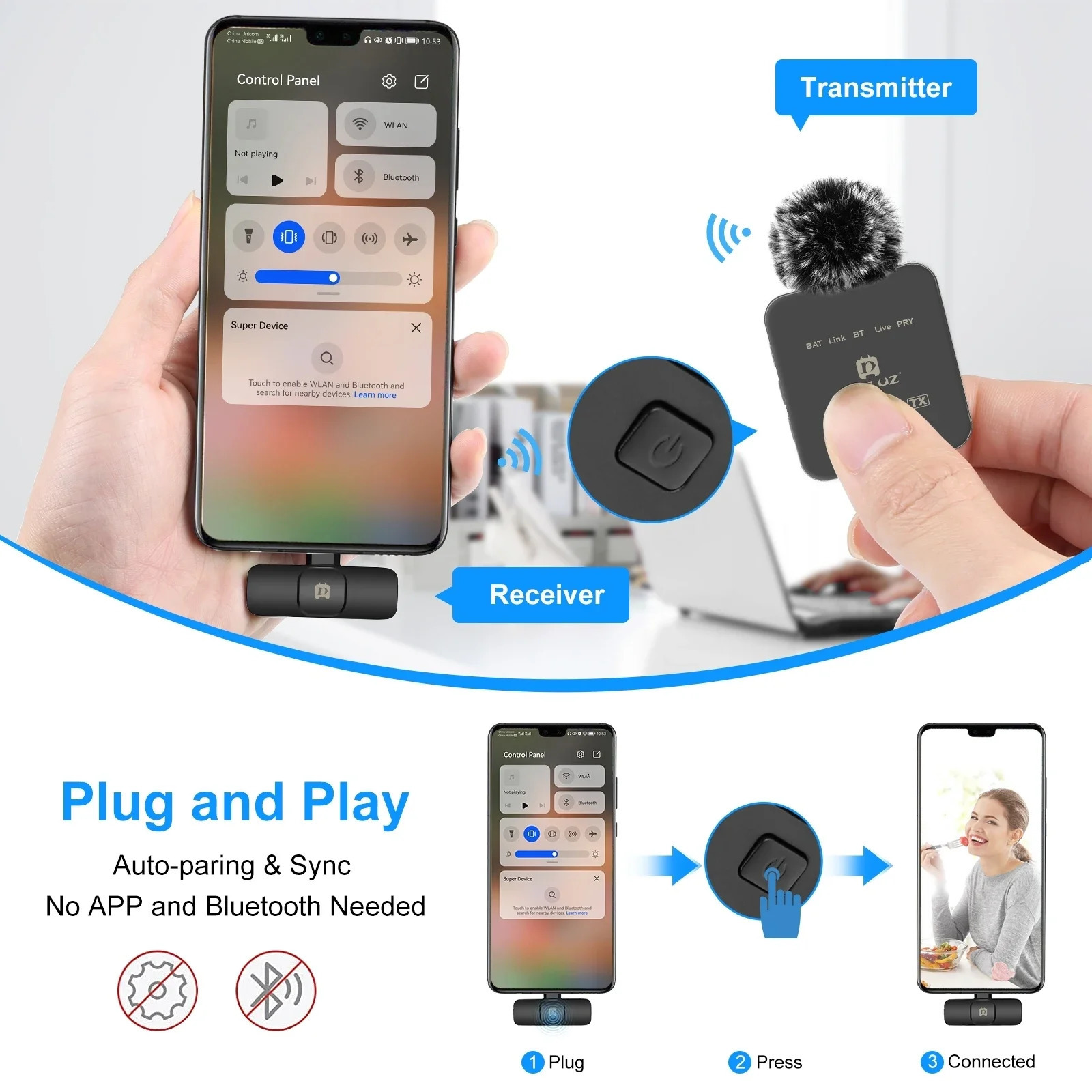 PULUZ Wireless Lavalier Microphone Portable Audio Video Recording Mini Mic for Android Outdoor Live Broadcast Phone Mic 250303
