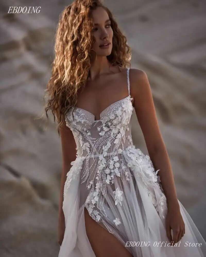 Newest Sweetheart Sleeveless Spaghetti Straps Glitter Custom Wedding Dresses
