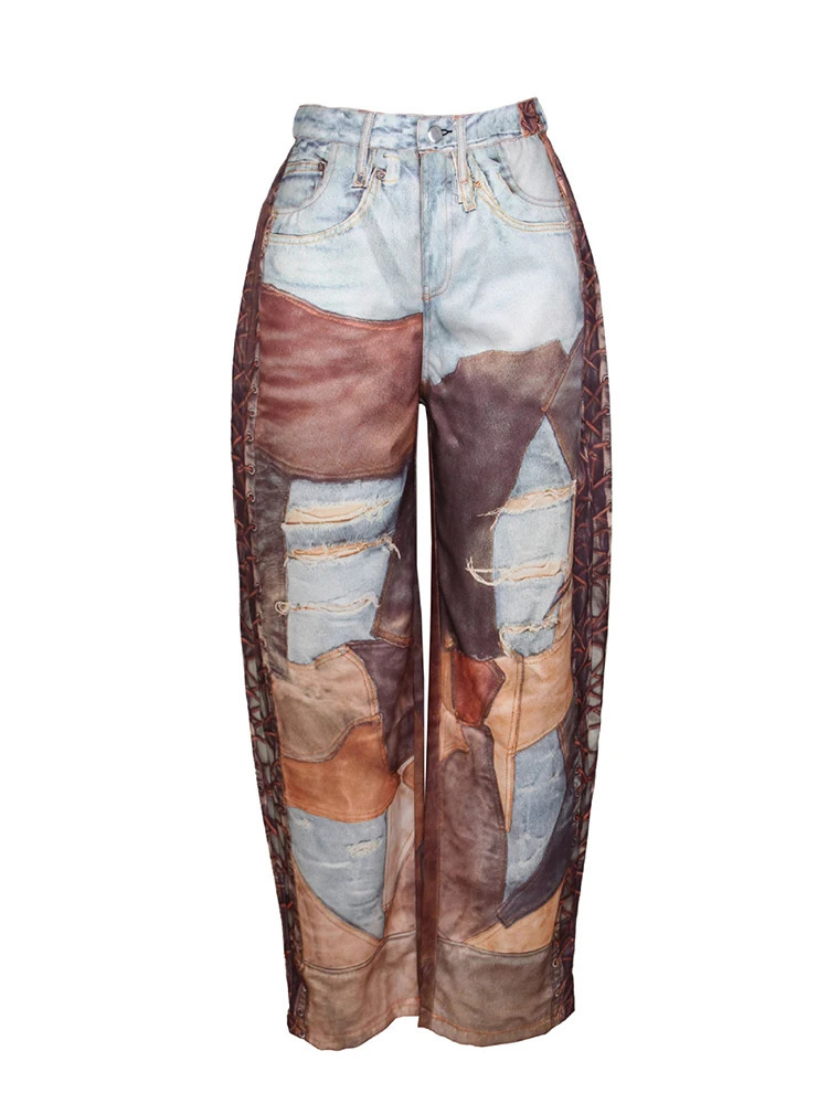 DEAT Fashion Womens Denim Chain Pants PU Leather 3D Printing Patchwork ne Wide Leg Ripped Jeans Spring 2025 7AB6843 250305