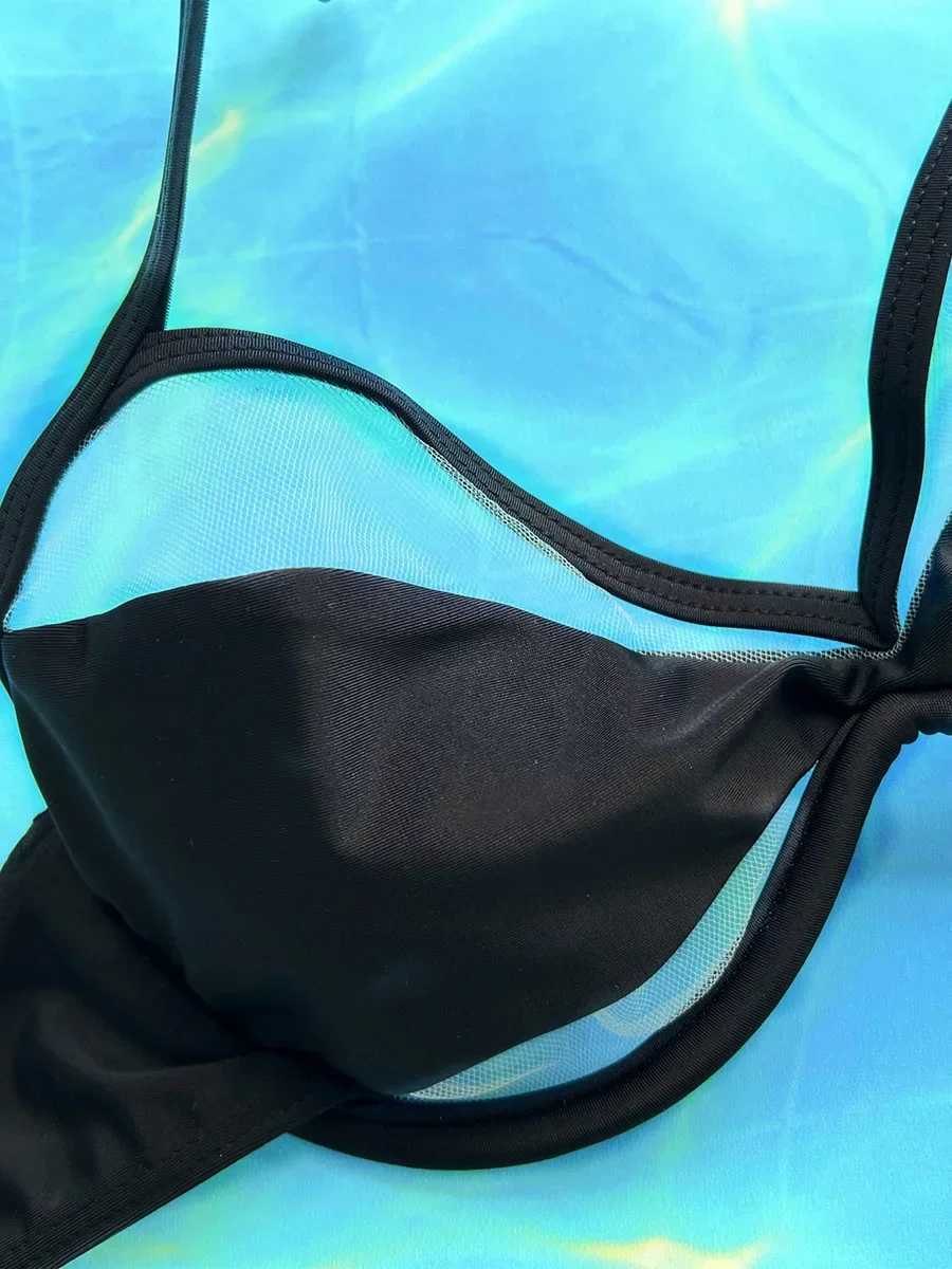 Halter Mesh Sheer Underwired V-Bar Bikini Women Swimwear Female Swimsuit Two-pieces Bikini Set High Cut Bathing Suit Swim LadyT250310