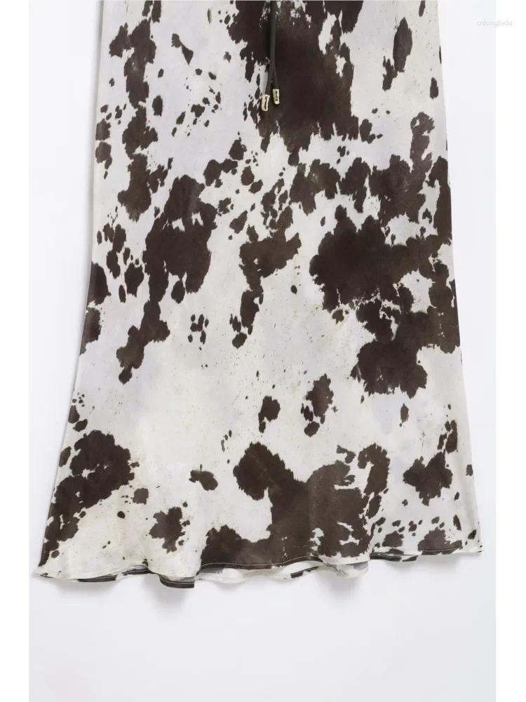 Skirts Print Women Midi Skirt With Belt High Street Style Spring Fashion Silk Textured Casual Sexy Button Womens