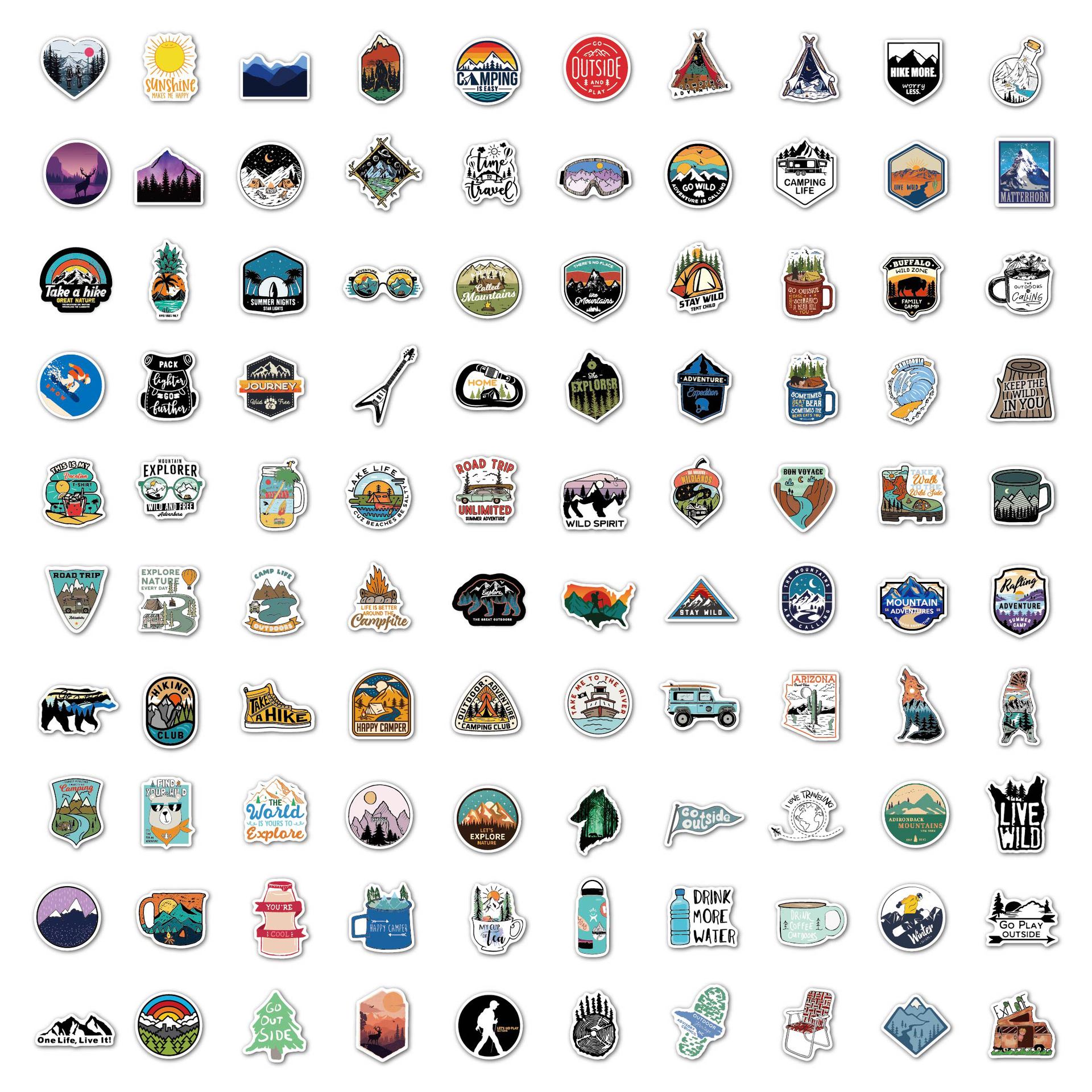 100pcs/lot Waterproof Outdoor Camping Stickers Adventure Hiking Travel Camp Life Decales for Car Suitcase Car Laptop Skateboard Motor Water Bottle Sti