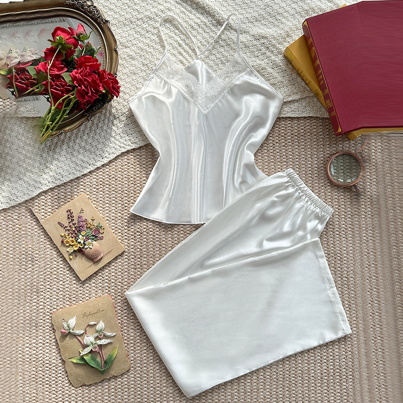 Chic Loose Fitting Ice Silk Nightwear for Ladies - Cozy Suspender Pants & Top Pairing PJs (Pack of Two)
