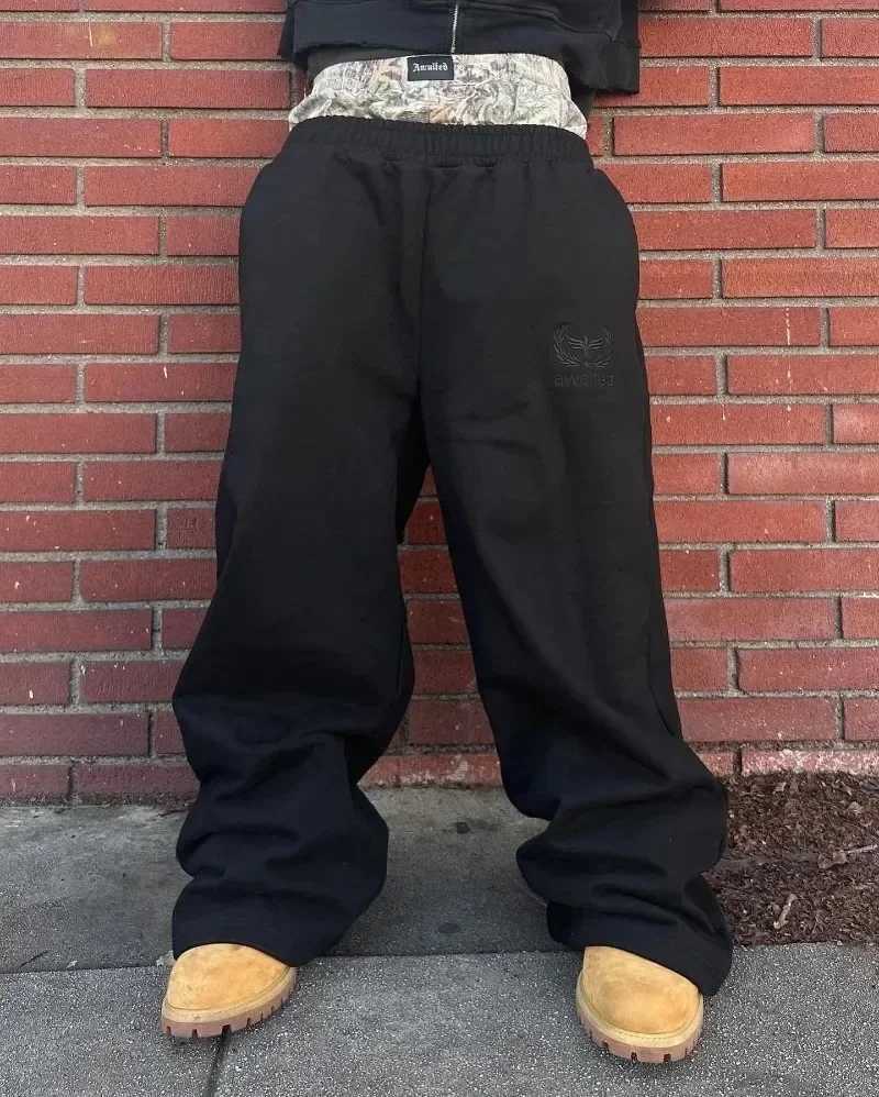 Y2K Retro Pants Harajuku Double Embroidered Waist Sports Pants Womens Hip Hop Casual High Waist Wide Leg PantsT250319
