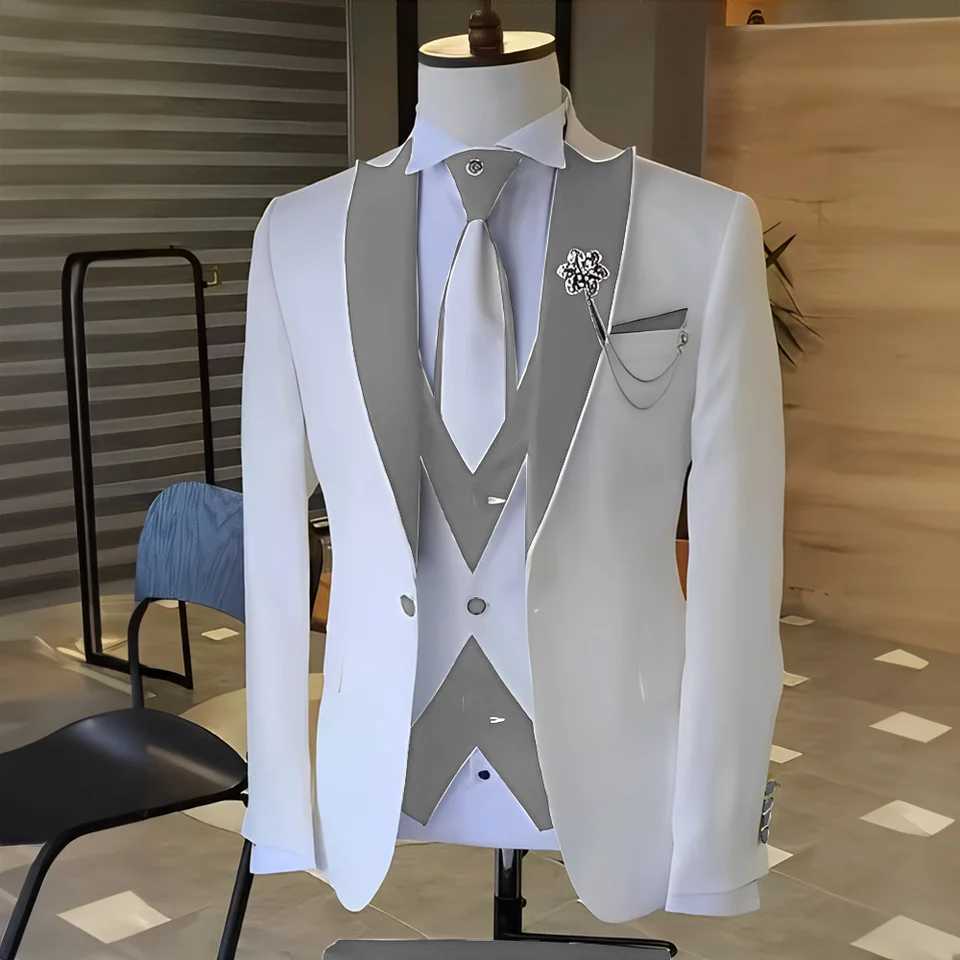 Clothing White mens clothing black top wedding evening gown Terno Masculino Prom Groom 3 pieces ultra-thin suitable for mens jacket set W250310