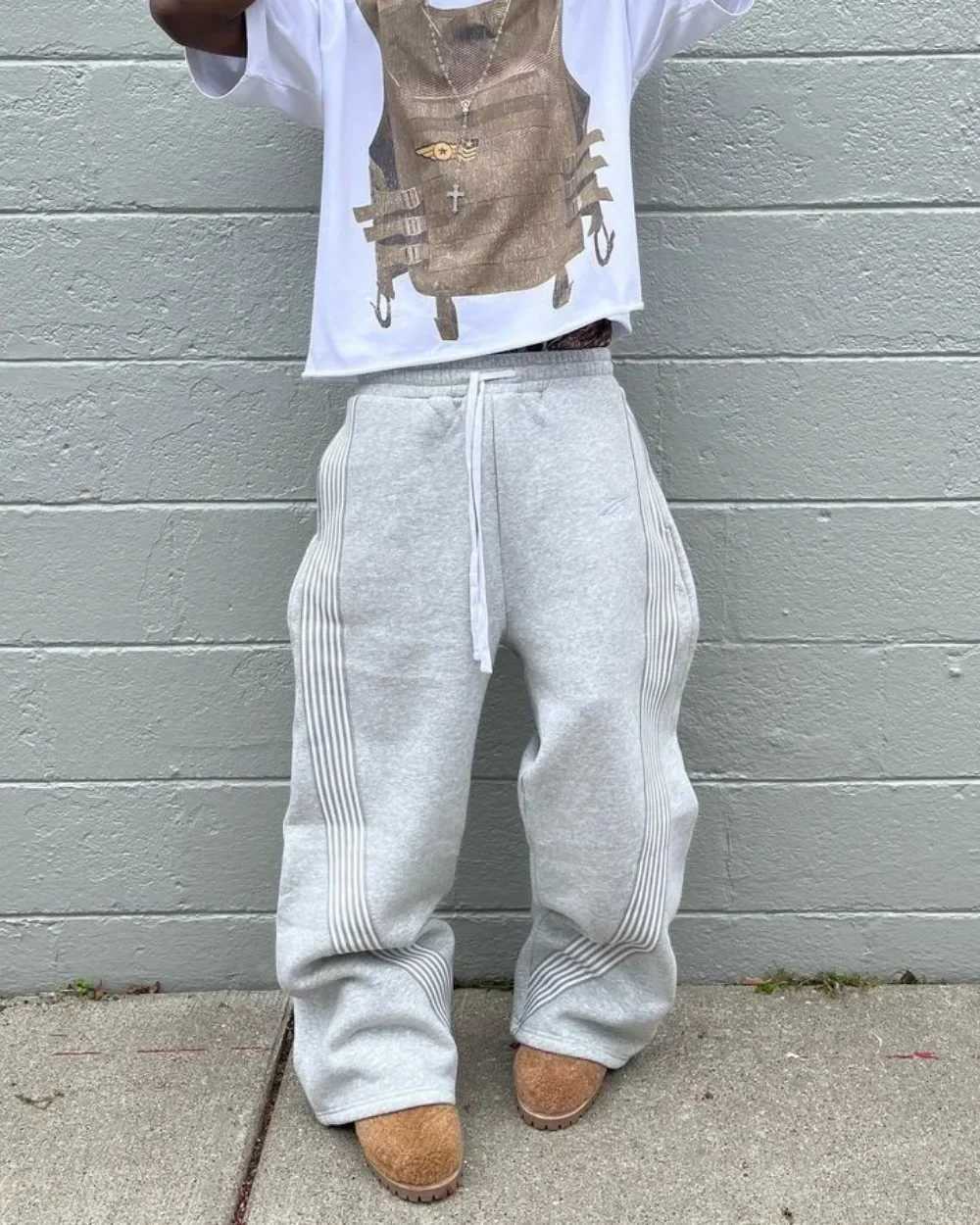Y2k Street Harajuku fashion brand oversized Trouser loose casual wide leg pants for women retro striped knitted pants for menT250319