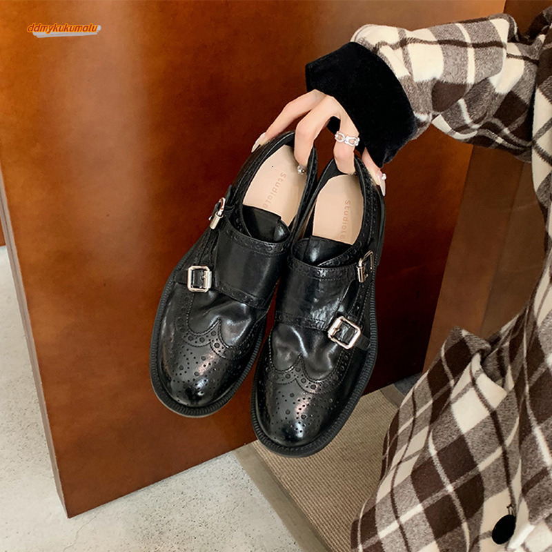 Grape Mom Autumn/Winter New Hatton Academy~Shrink lined horseskin double button round toe thick heel versatile British style leather shoes for women d