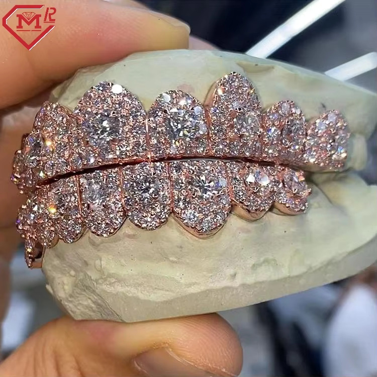 Hiphop Dazzle Custom Flawless Grills Teeth Grillz Big Stone Vvs Moissanite White Gold Rose Gold Set Diamond Grillz