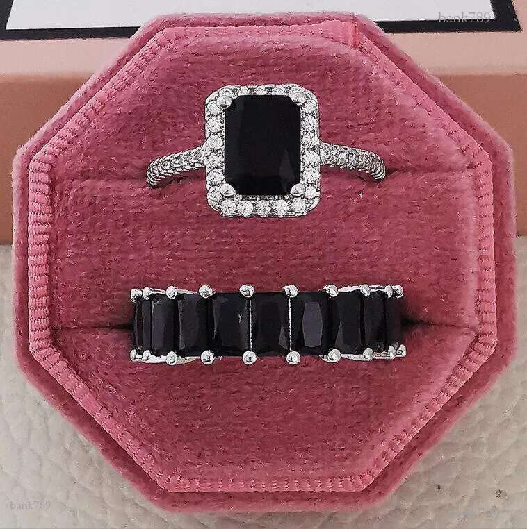 2023 Brand Wedding Rings Luxury Jewelry 925 Sterling Silver Fill Radiant Shape Black 5A Cubic Zircon Party CZ Diamond Women Engagement Bridal Ring Set