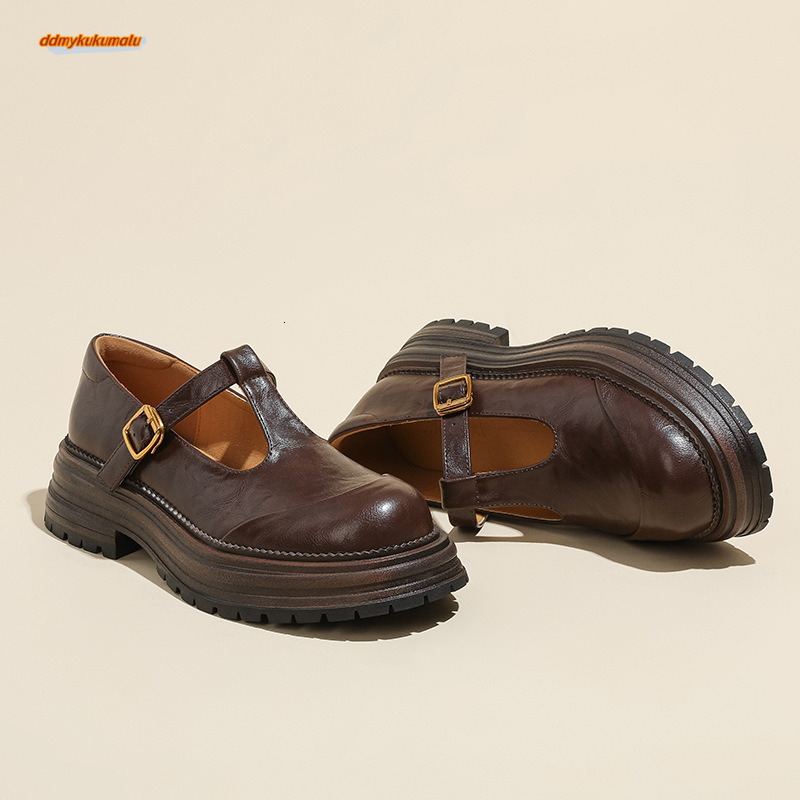2025 Spring/Summer Thick soled British style Small Leather Round Head Mary Jane Hepburn Style T-shaped Strap Single Shoes for Women ddmykukumalu