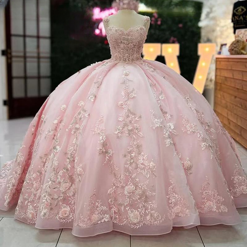 Pink Quinceanera Dresses Ball Gown Appliqued Flower Beads Party Birthday Sweet 16 Dress Vestidos De 15 Quinceanera Anos