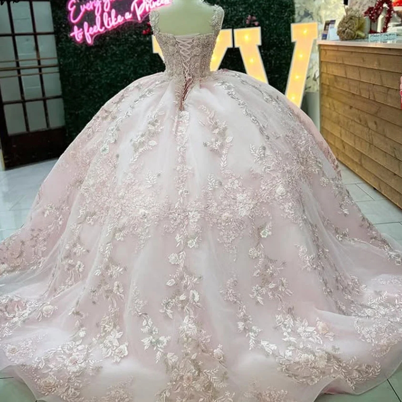 Pink Quinceanera Dresses Ball Gown Appliqued Flower Beads Party Birthday Sweet 16 Dress Vestidos De 15 Quinceanera Anos