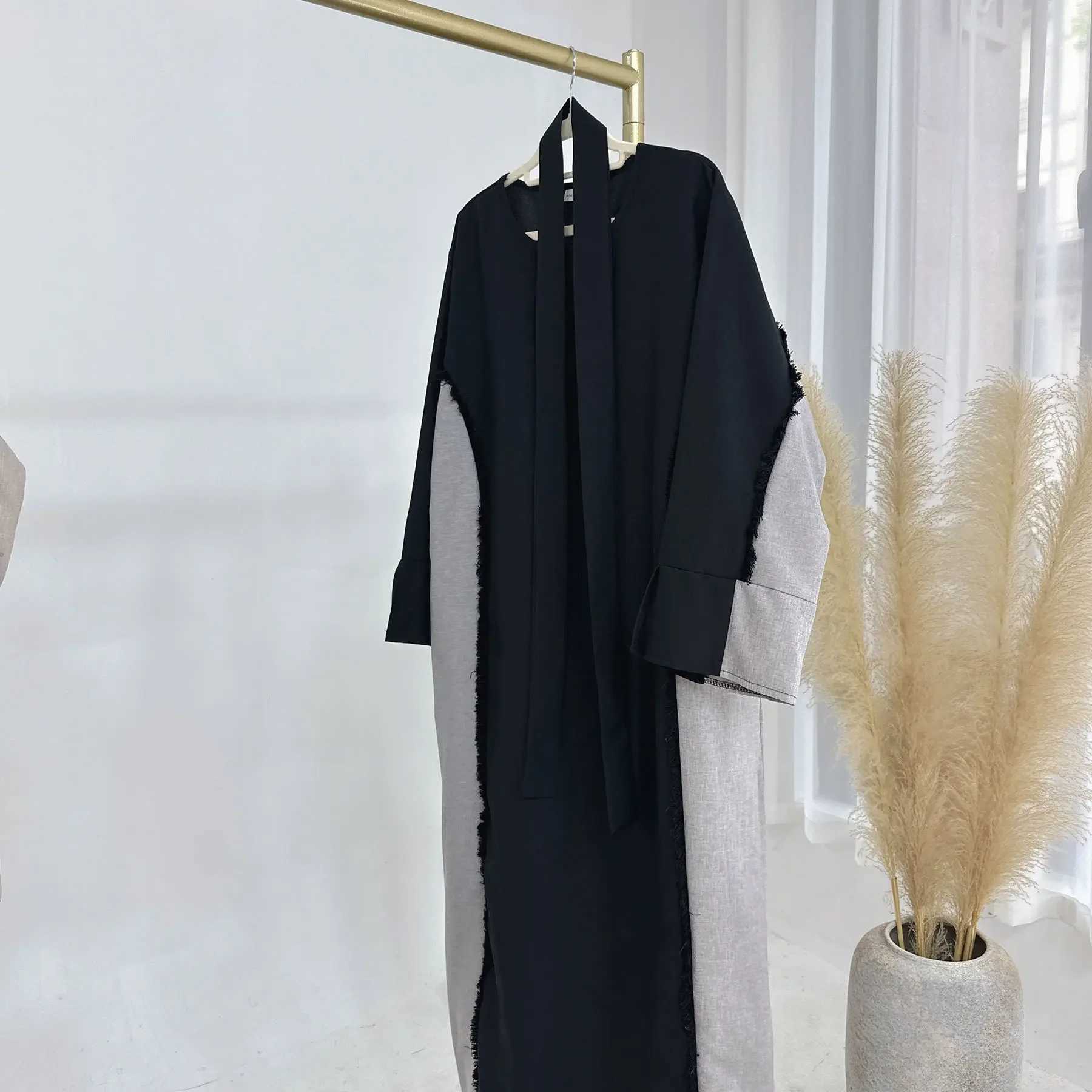 Eid Open Abaya Kimono Luxury Two Tone Frayed slim Hijab Dress Abayas for Women Dubai 2024 New Turkish Islamic Clothing KtanXJ250310