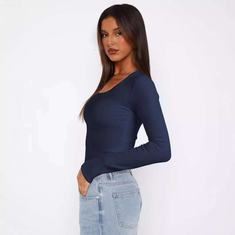 2024 New Solid Color Thread U-Neck Bottom Y2K Clothing Slim Fit T-shirt Women's Summer Shoulder Top