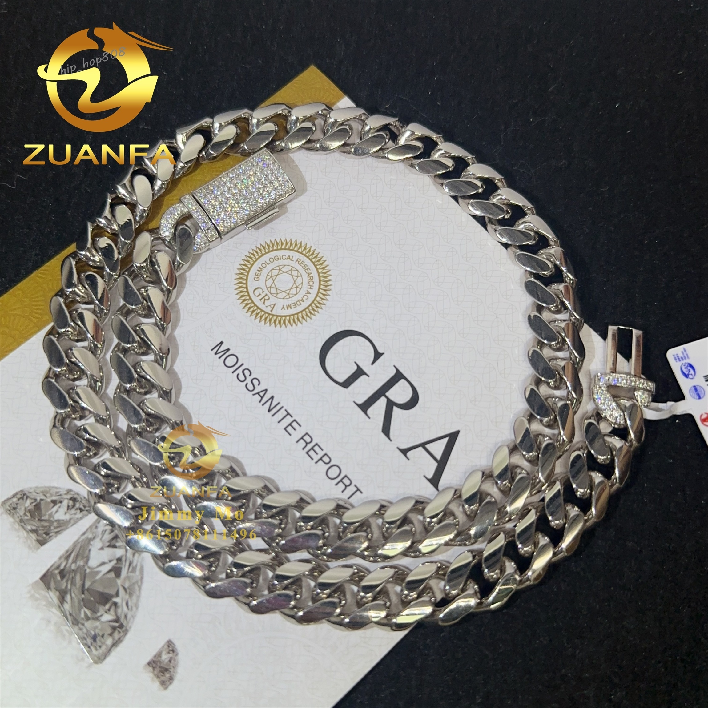 Custom Personal Man Hip Hop Jewelry 925 Sterling Silver 12mm Iced Out VVS1 Moissanite Diamond Clasp Miami Cuban Plain Chain