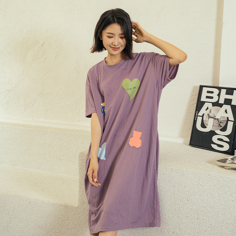B763-Home wear one-piece nightdress for women, round neck, thin and casual summer middle-aged mother pure cotton dress
