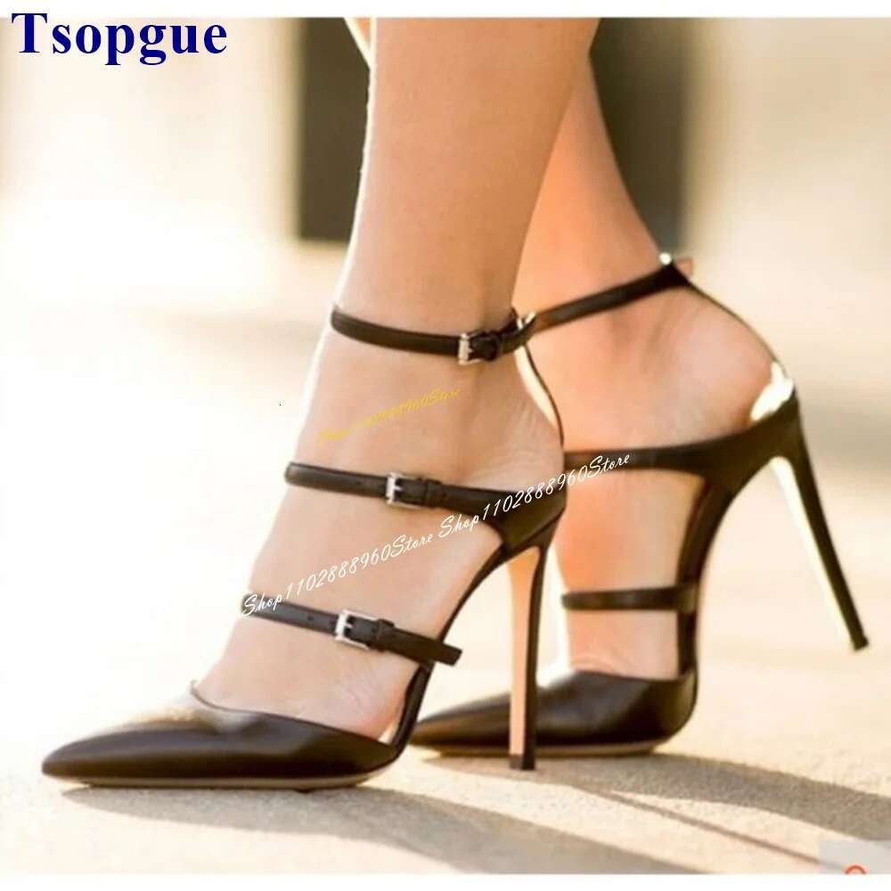 Stylish Black Leather Sandals Thin High Heel Women Shoes Ankle Buckle Strap Pointed Toe 2024 atos Para Mujere