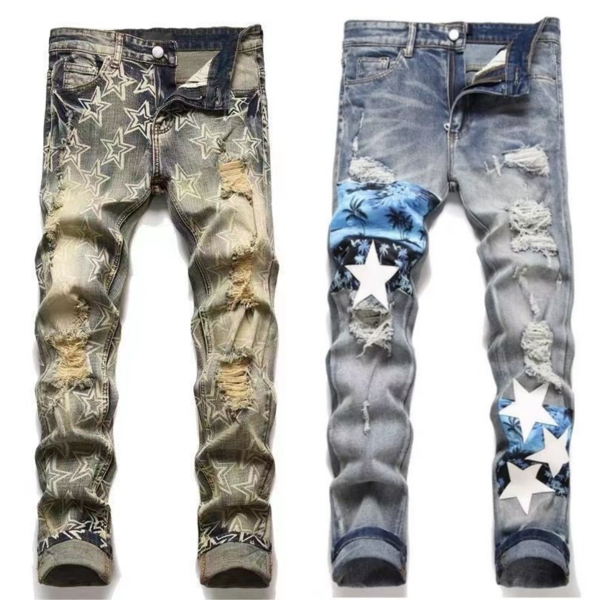 Designer Men's Trendy Jeans High Street Retro Paint Spot Slim Feet Micro Elastic Jeans Hip-hop Zipper Hole Jeans Size S-3XL