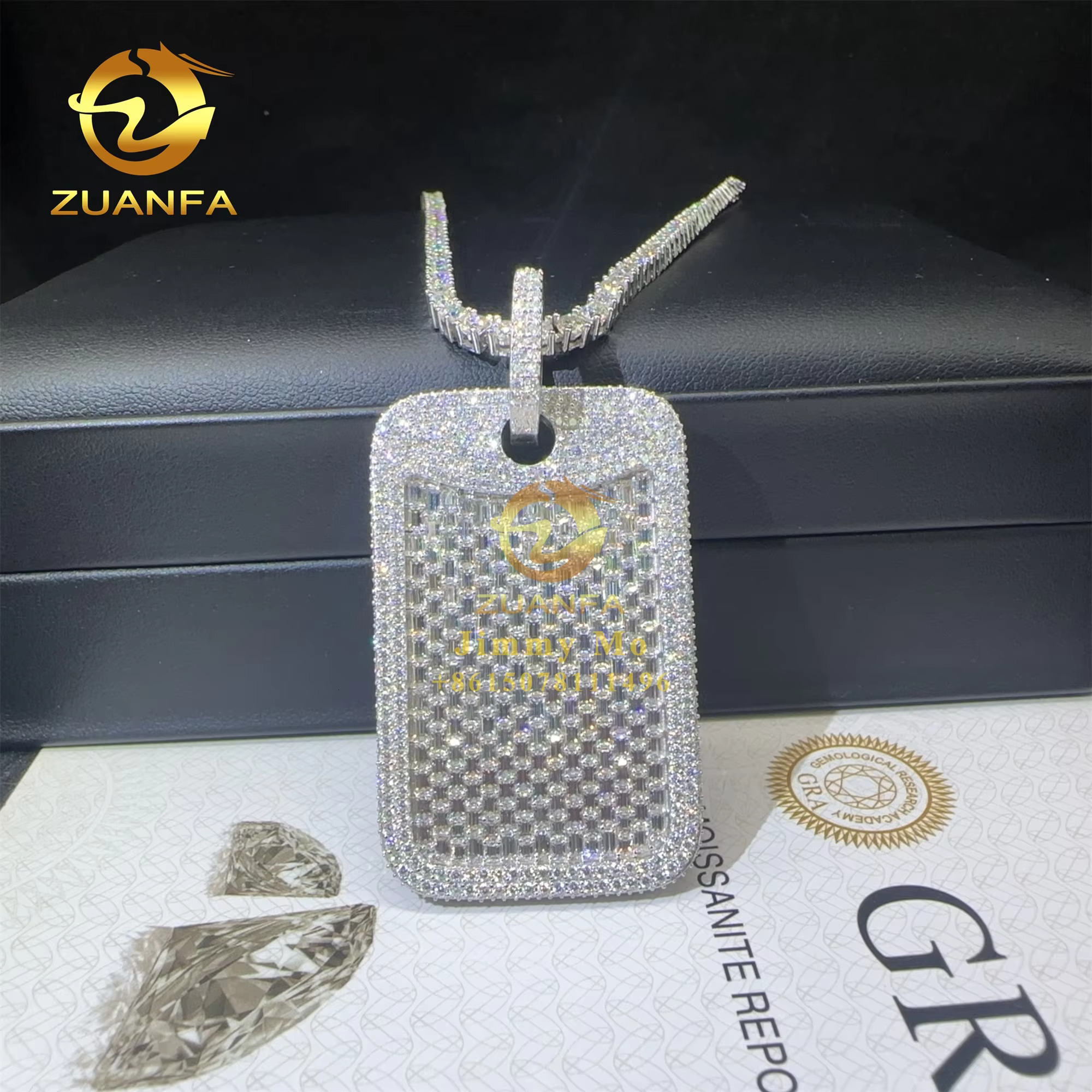 Custom Made Rapper Luxury Jewelry 925 Silver Iced Out Fully VVS1 Baguette Synthetic Moissanite Diamond Hip Hop Dog Tag Pendant