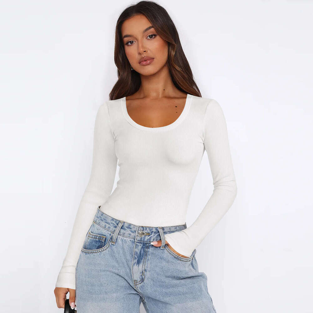 2024 New Solid Color Thread U-Neck Bottom Y2K Clothing Slim Fit T-shirt Women's Summer Shoulder Top