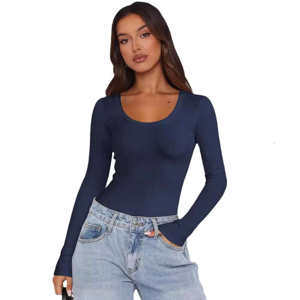 2024 New Solid Color Thread U-Neck Bottom Y2K Clothing Slim Fit T-shirt Women's Summer Shoulder Top